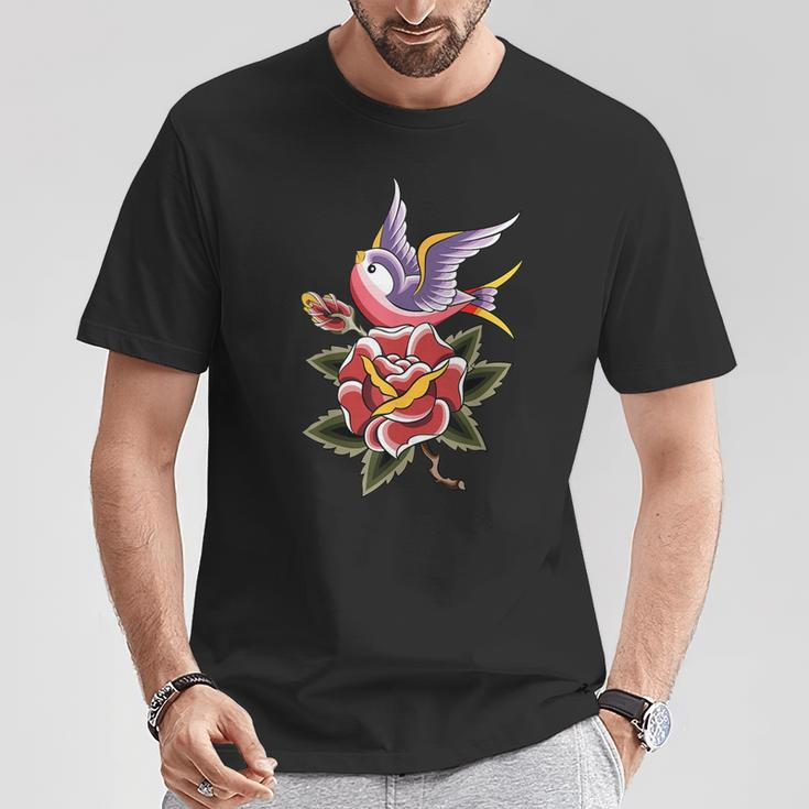 Women's Rose Swallow Vintage Retro Tattoo T-Shirt Unique Gifts
