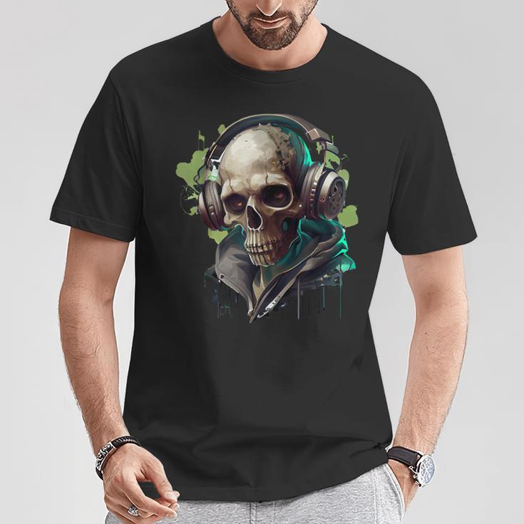 Zombie Totenkopf Dj Mit Kopfhörer Für Musiker Und Musik Fans T-Shirt Lustige Geschenke