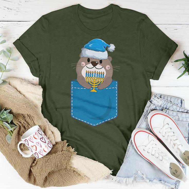 Jewish Otter Santa Menorah In Pocket Hanukkah Pajamas T-Shirt Funny Gifts