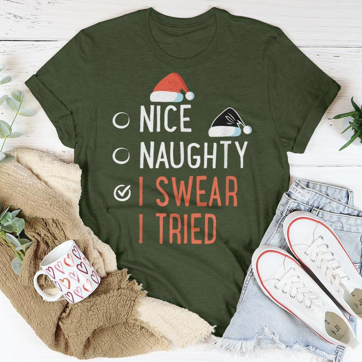 Nice Naughty I Swear I Tried Santa List Christmas Joke T-Shirt Funny Gifts