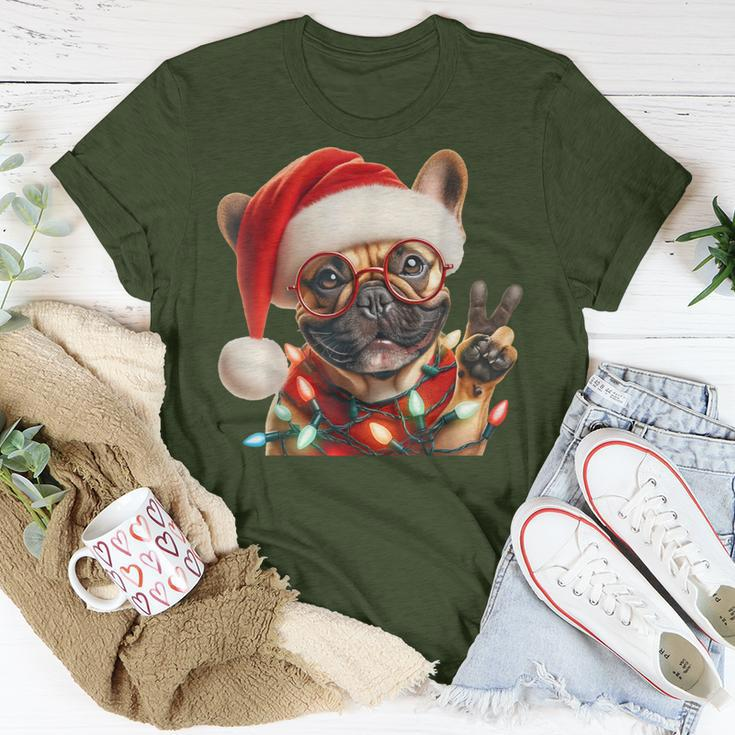 Peace Sign Hand French Bulldog Santa Christmas Dog Pajamas T-Shirt Funny Gifts