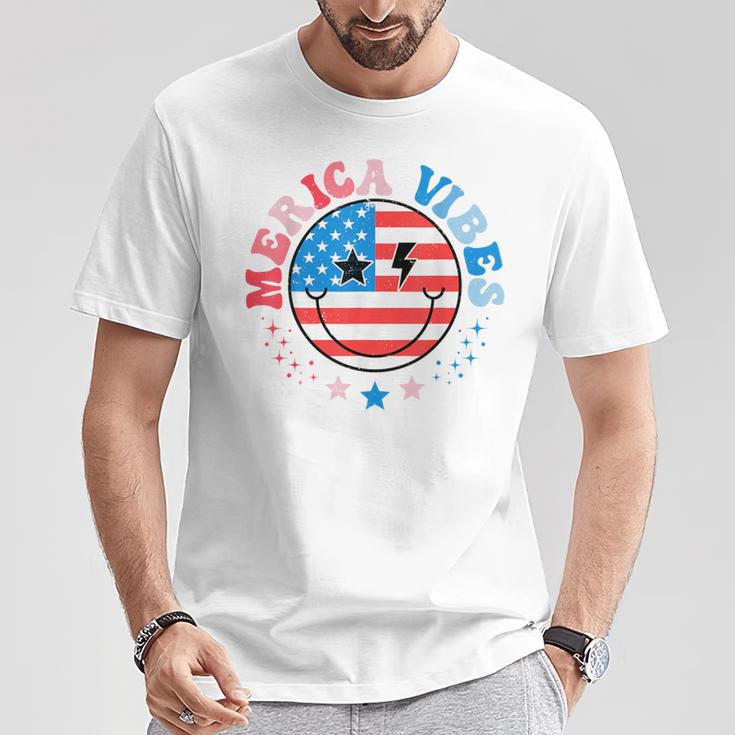 America Vibes Usa Flag 4Th Of July American Face Smile Retro T-Shirt Unique Gifts