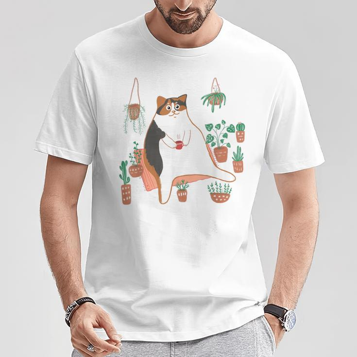 Calico Cat With Pot Plants Cat Lover For Mom Women T-Shirt Unique Gifts
