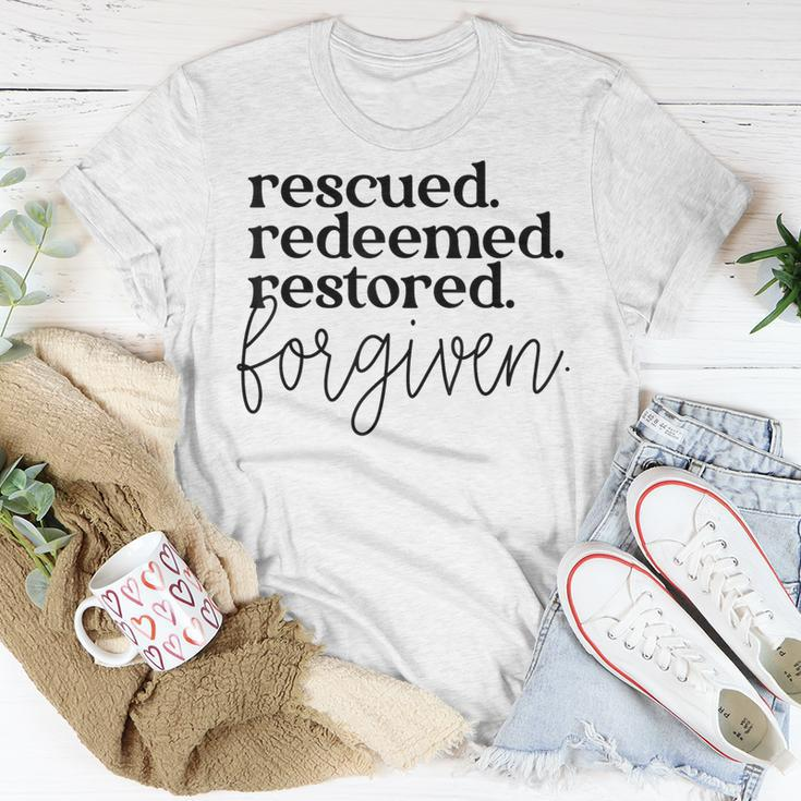 Christan Jesus Faith Rescued Redeemed Restored Forgiven T-Shirt Unique Gifts