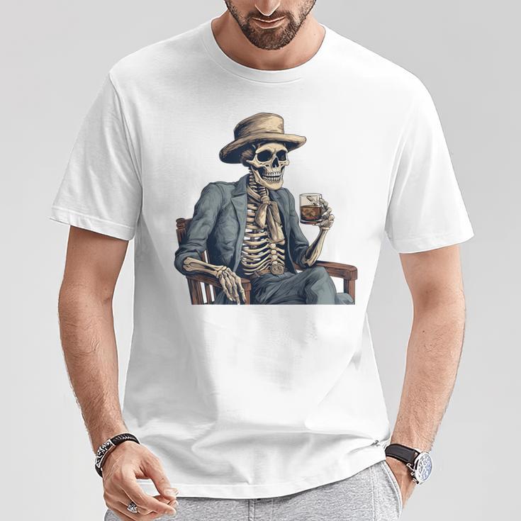 Cowboy Skeleton Drinking Whiskey Western Outlaw Skull Saloon T-Shirt Unique Gifts