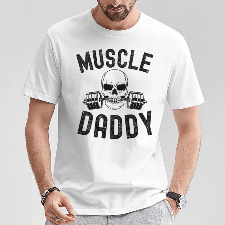 Damen Muscle Daddy Gewichtheber Skelett Langhantel Papa Workout Mit-Ausschnitt T-Shirt Lustige Geschenke