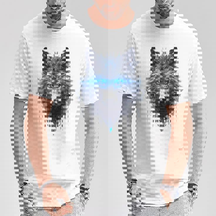 Fantasía De Lobo Ojos Azules Motivo De Animales Artísticos Lobo Camiseta unisex Regalos divertidos