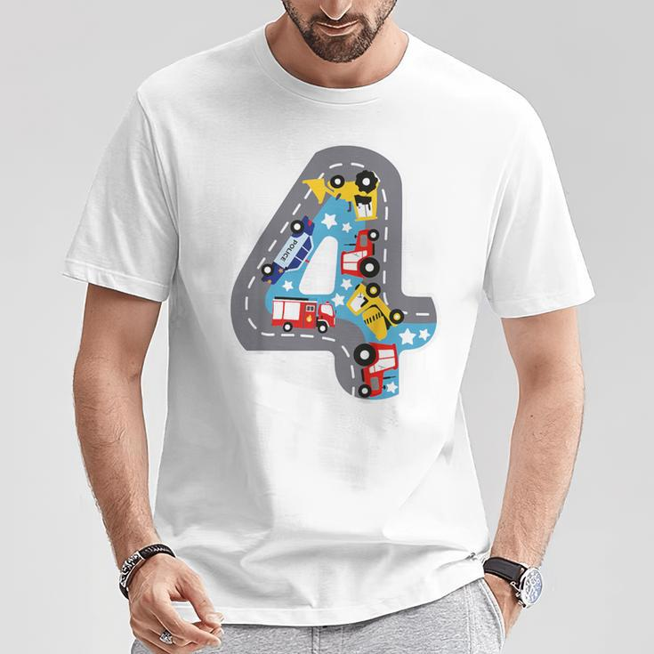 Kinder Kinder Geburtstag 4 Jahre Junge Autos Zahl Alter Straße T-Shirt Lustige Geschenke