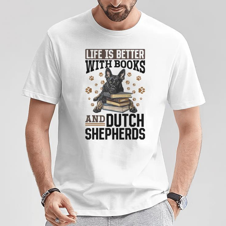 Niederländischer Schäferhund Das Leben Ist Besser Mit Büchern Und Holländisch T-Shirt Lustige Geschenke