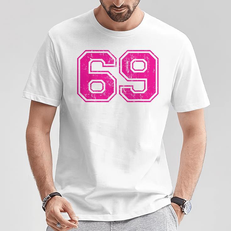 Number 69 Varsity Distressed Vintage Sport Team Player's T-Shirt Unique Gifts