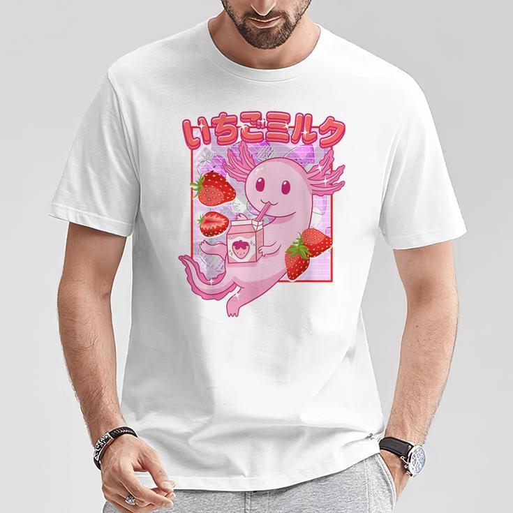 Retro Strawberry Milk Anime Kawaii Axolotl Strawberry Milk Pink T-Shirt Lustige Geschenke