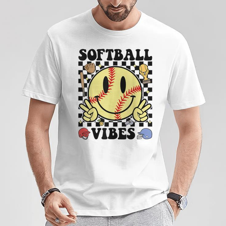 Softball Vibes Smile Face Game Day Softball Mom T-Shirt Funny Gifts