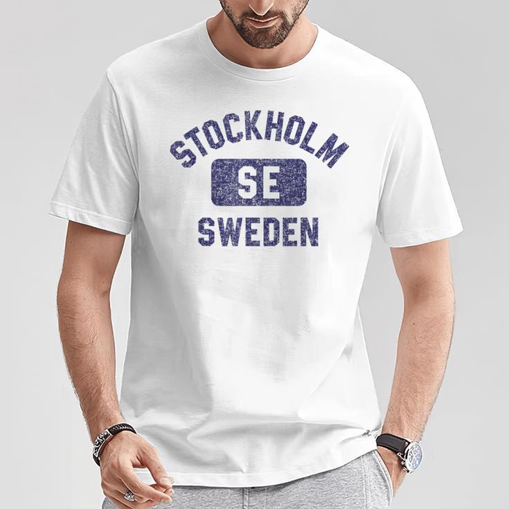 Stockholm Se Sweden Gym Style Distressed Navy Blue Print T-Shirt Unique Gifts