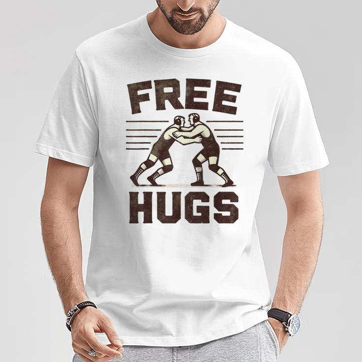Vintage Wrestler Free Hugs Humor Wrestling Match T-Shirt Unique Gifts
