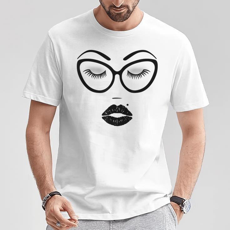 Women's Make-Up Cosmetics Lashes Eyebrows Black Cat Glasses T-Shirt Unique Gifts