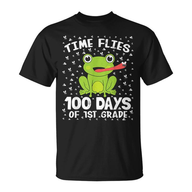 1St Grade 100 Days School Boys Girls Frog Time Flies Fly Kid T-Shirt