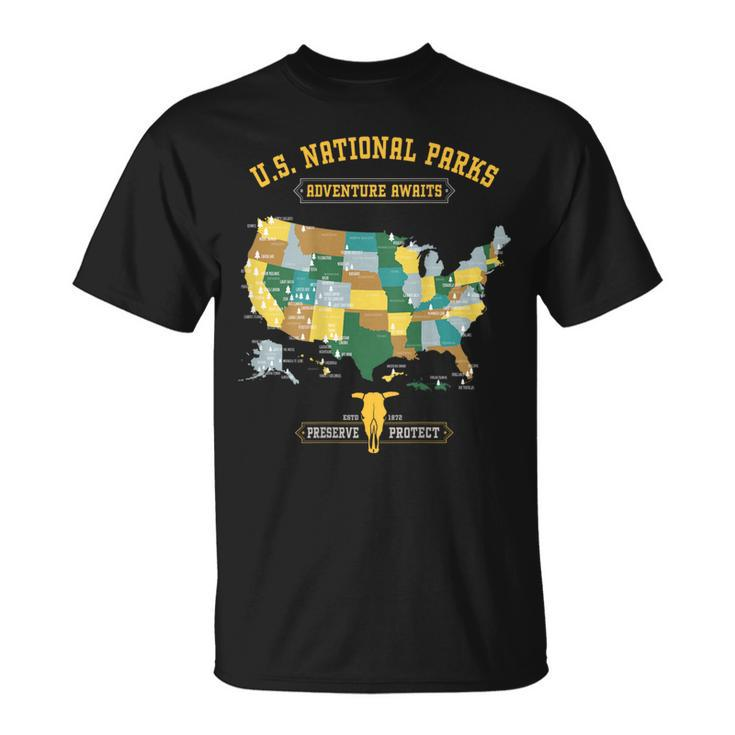 All 63 Us National Parks Map Outdoor Adventure On Back T-Shirt