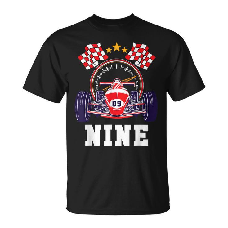 9Th Birthday Boy Race Car Flag 9 Years Old Racing Driver Kid T-Shirt