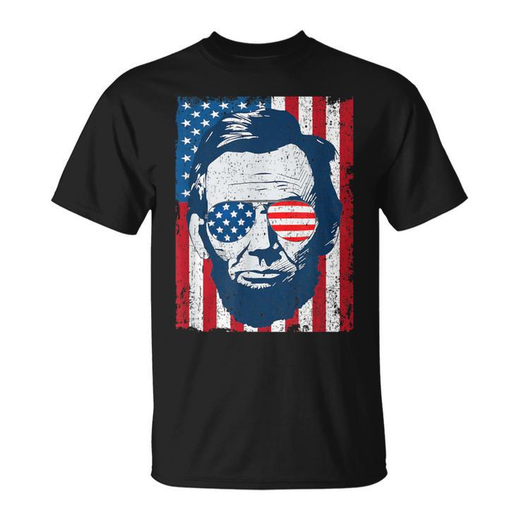 Abe Lincoln Beard Sunglasses & American Flag 4Th Of July T-Shirt