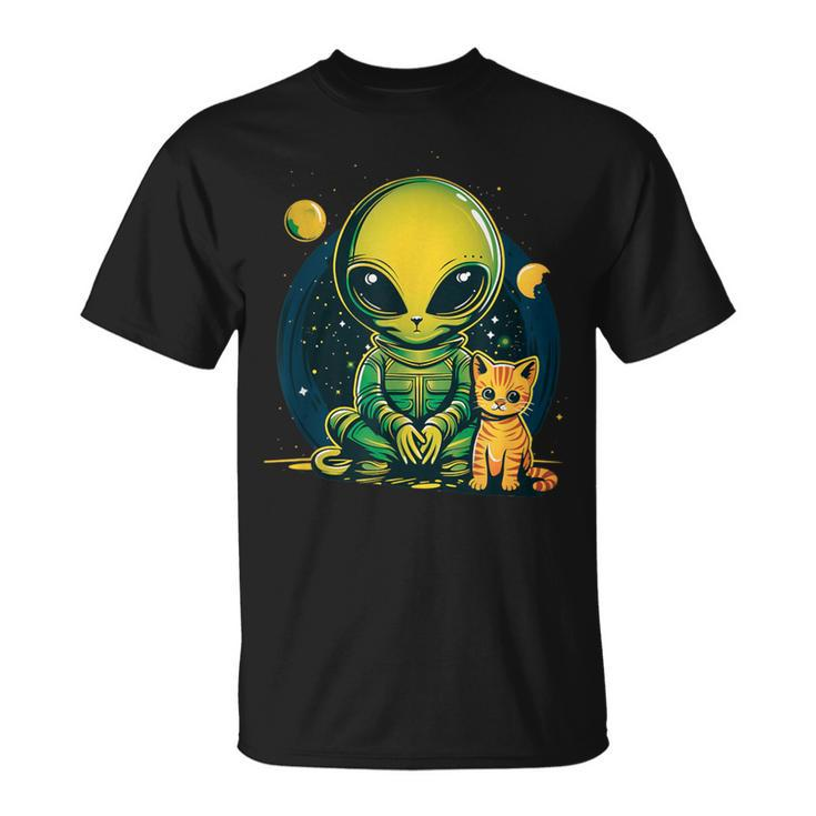 Alien And Cat Cat Selfie With Alien Vintage Ufo T-Shirt