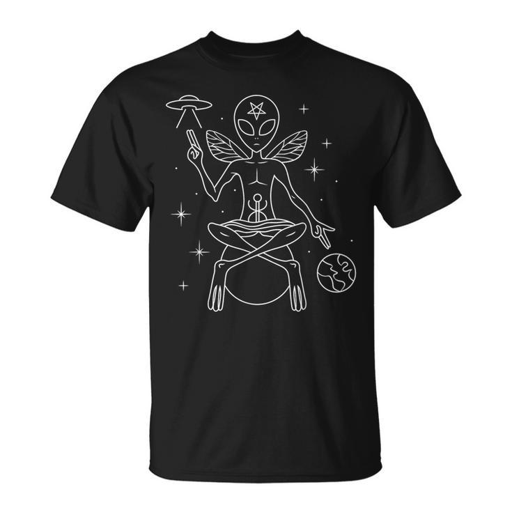 Alien Outer Space Man Satanic Baphomet With Pentagram & Ufo T-Shirt