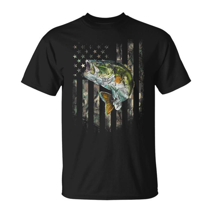 American Flag Print On The Back Camo Bass Fish Fishing T-Shirt