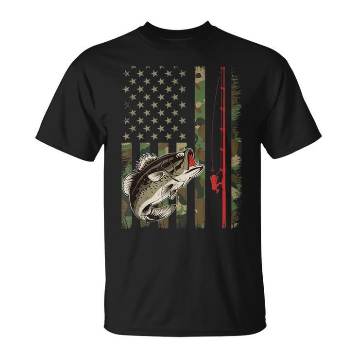 American Flag Fishing Rod Grunge Camouflage Largemouth Bass T-Shirt