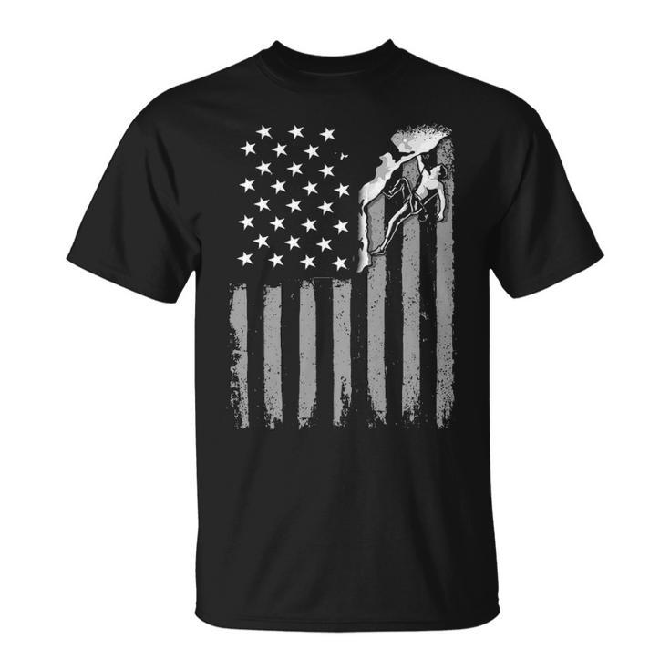 American Flag Rock Climbing Mountain Climber Art T-Shirt