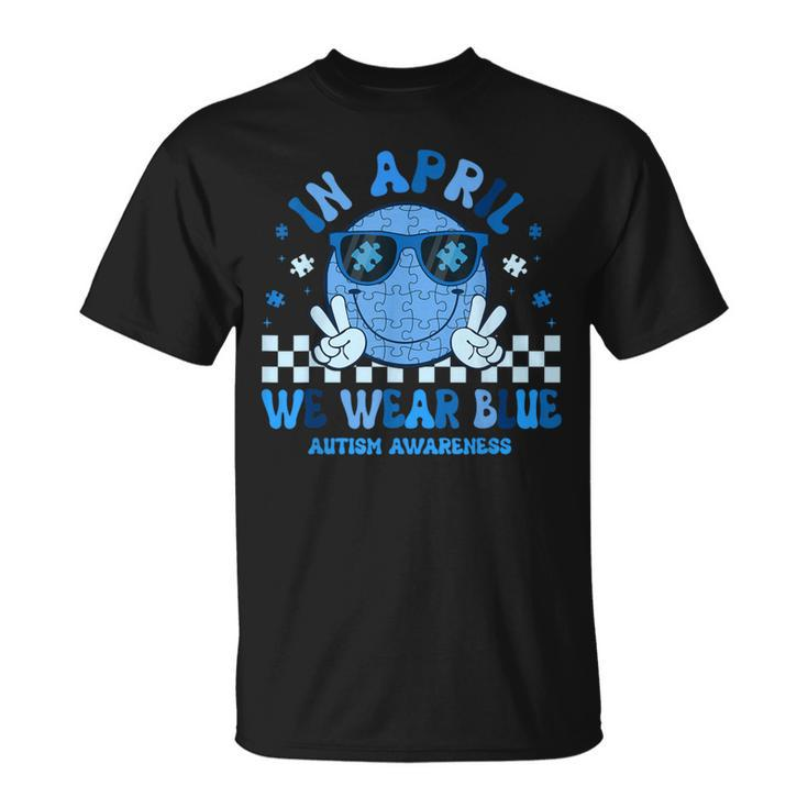 In April We Wear Blue Autism Awareness Hippie Face T-Shirt