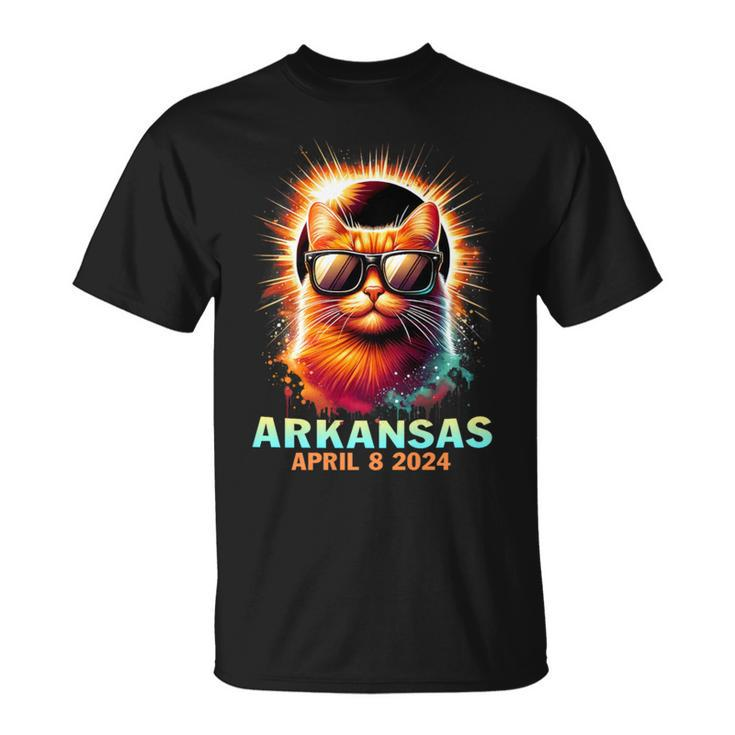 Arkansas Total Solar Eclipse 2024 Cat Wearing Glasses T-Shirt