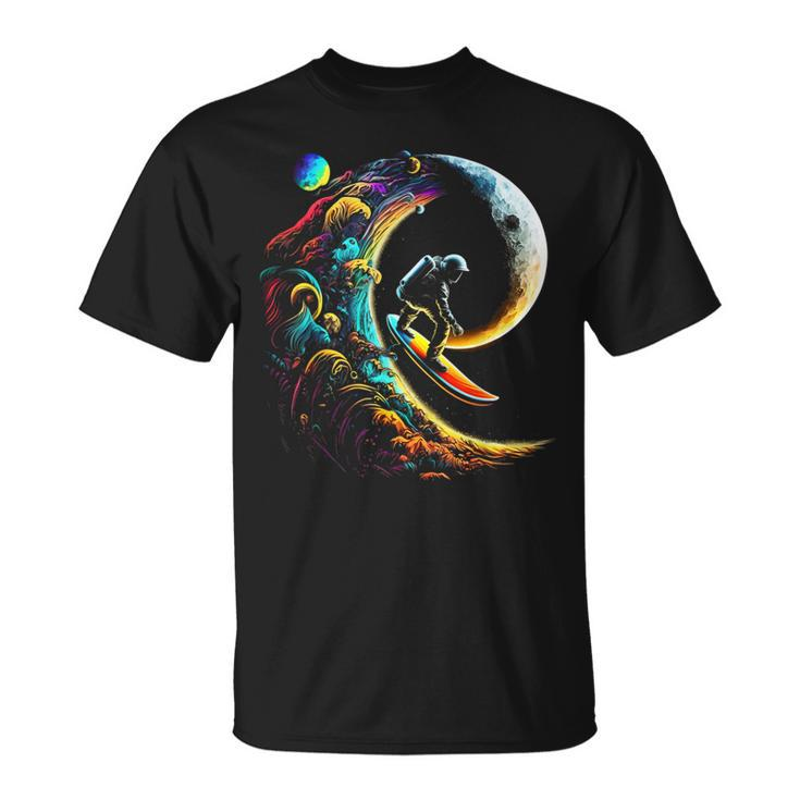 Astronaut Surfing Through Space Universe Galaxy Planets Moon T-Shirt