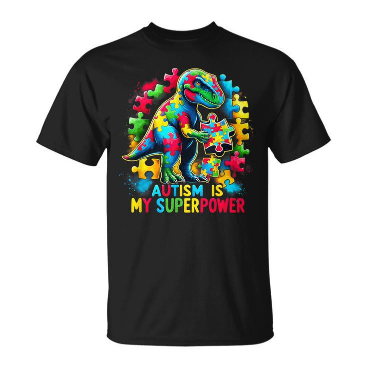 Autism Is My Superpower Autism Kid Colorful Puzzle Dinosaur T-Shirt