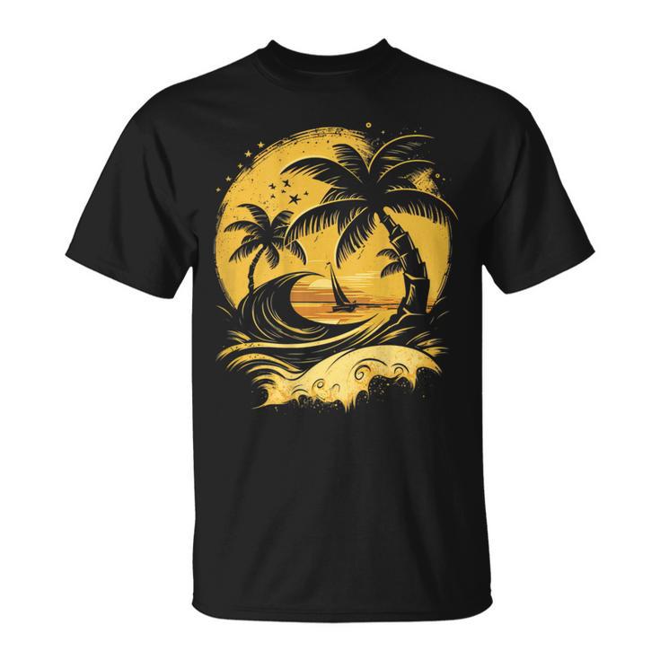 On Back Tropical Palm Trees Sailboat Beach Island Sunset T-Shirt