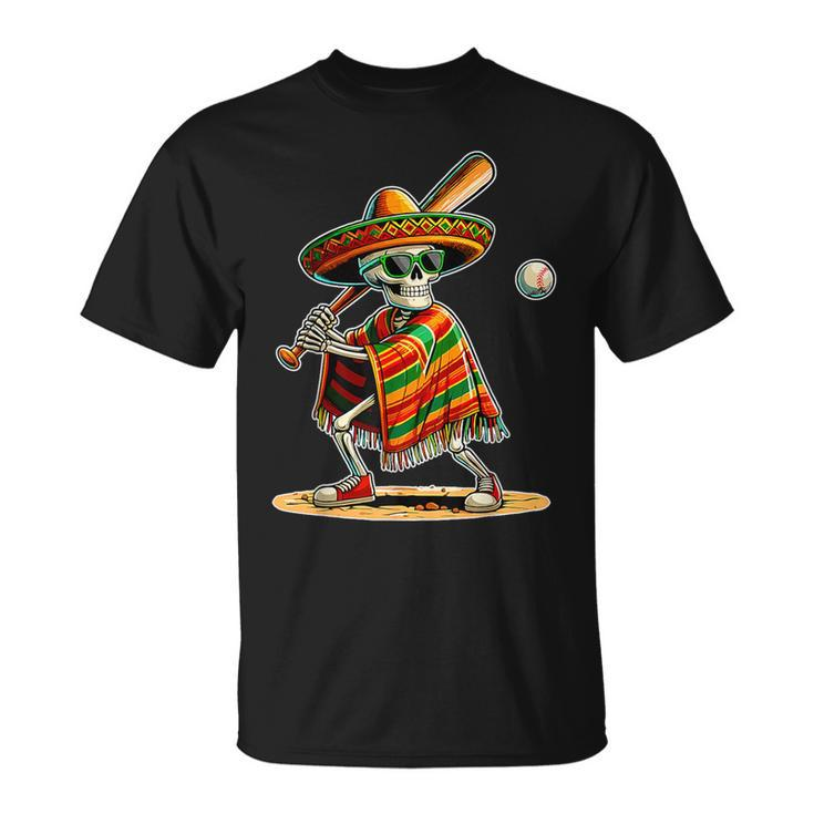 Baseball Skeleton Mexican Sombrero Cinco De Mayo T-Shirt