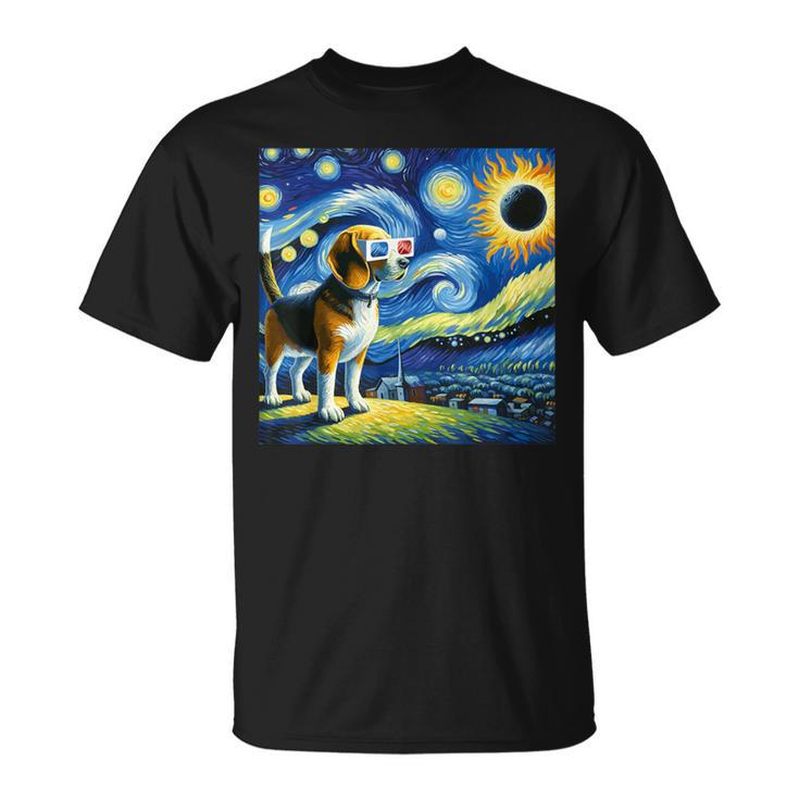 Beagle Dog Solar Eclipse Glasses 2024 Van Gogh Starry Night T-Shirt