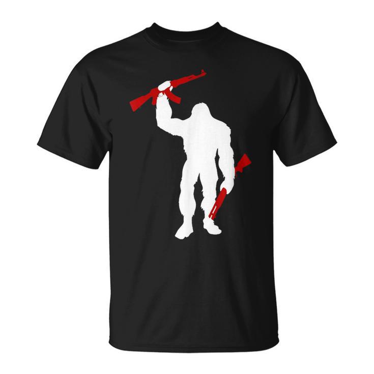 Bigfoot 2Nd Amendment Sasquatch With Ak-47 Rifle And Shotgun T-Shirt