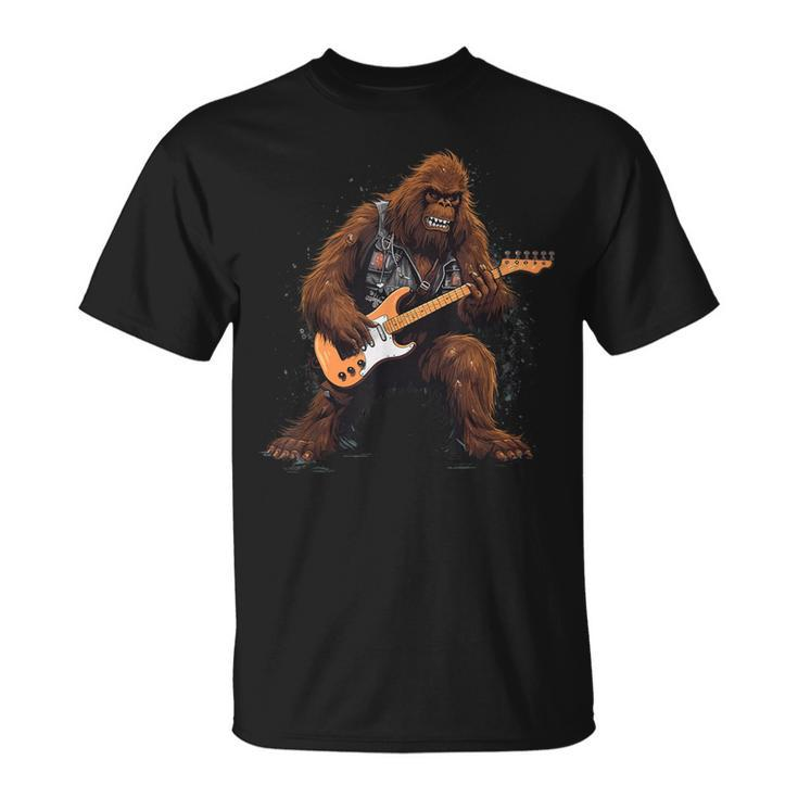 Bigfoot Playing Electric Guitar Rock Music Band Sasquatch T-Shirt