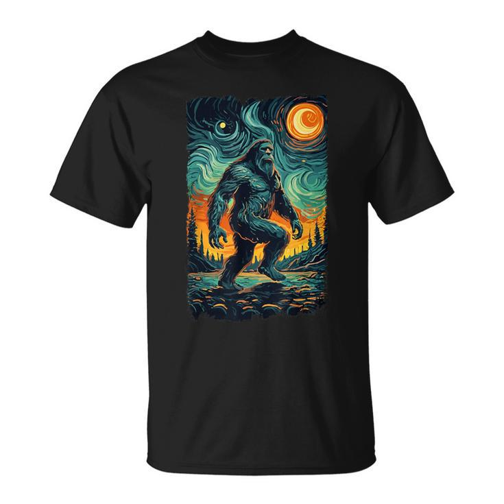 Bigfoot Starry Night Sasquatch Van Gogh Sky Painting T-Shirt