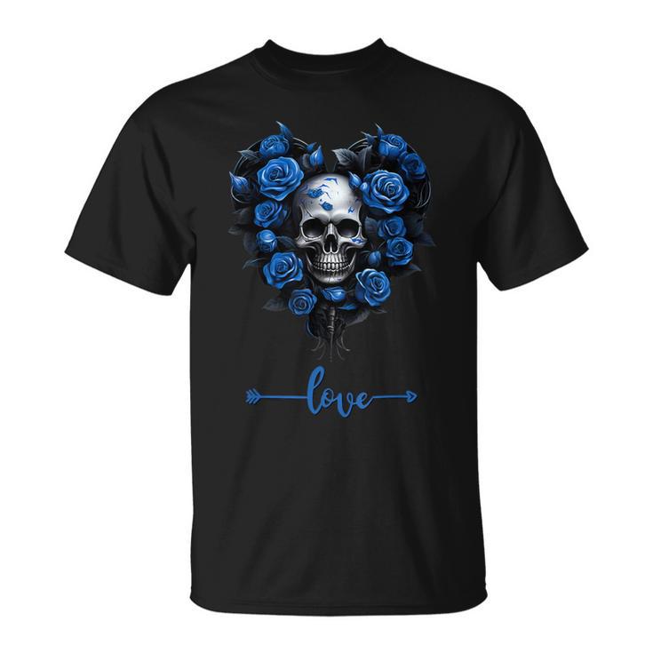 Blue Roses Skull For Valentine´S Love Rock For Women T-Shirt