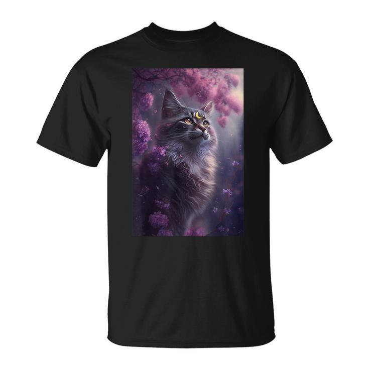 Boho Black Cat Retro Witchy Crescent Moon Purple Lavender T-Shirt