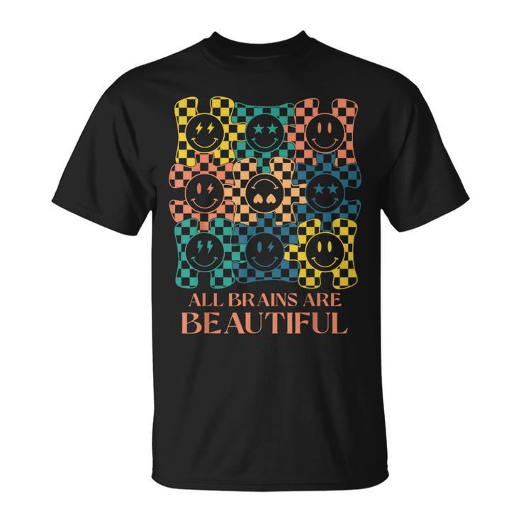 All Brains Are Beautiful Smile Face Autism Awareness Groovy T-Shirt