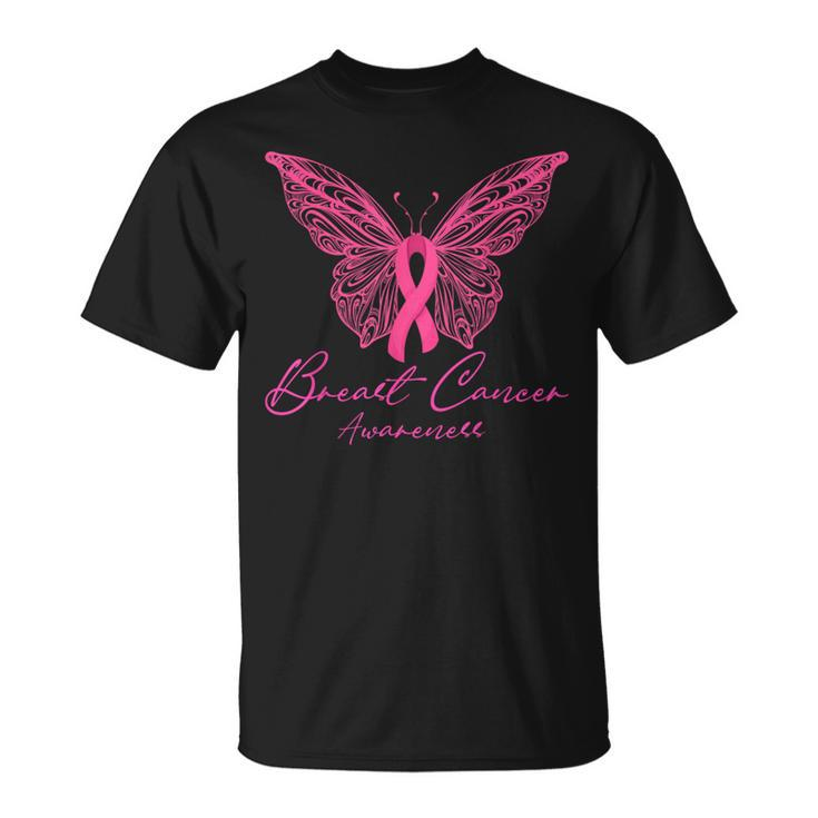 Breast Cancer Awareness Pink Butterfly Pink Ribbon Women T-Shirt