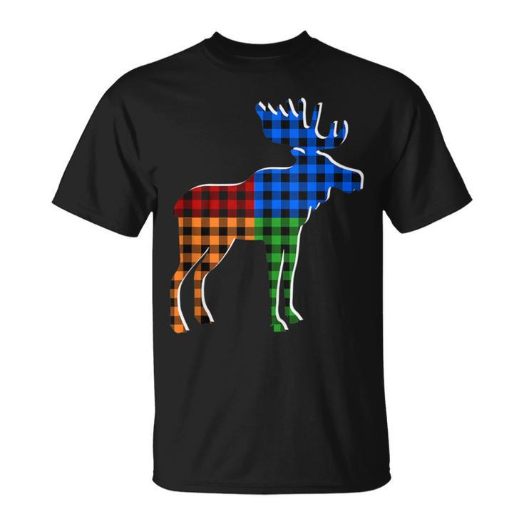 Buffalo Plaid Standing Moose Silhouette Colorful Moose Lover T-Shirt