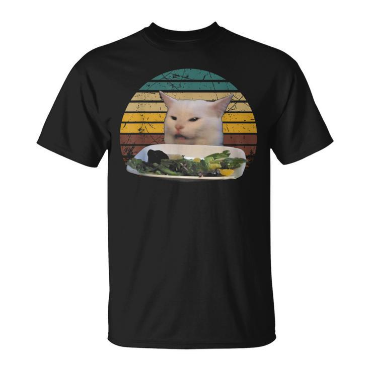 Cat At Dinner Table Animals Outfits Lovely Cat Meme T-Shirt
