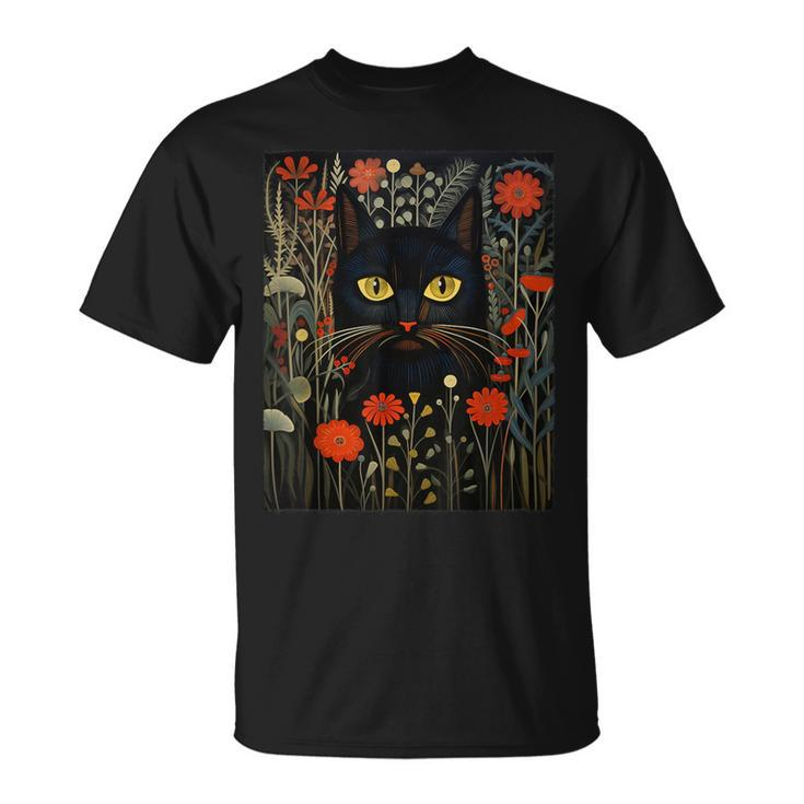 Cat Lover Cat Art Cat With Flowers Floral Cat T-Shirt
