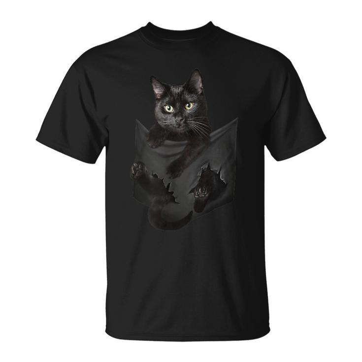 Cat Lovers Black Cat In Pocket Kitten Face T-Shirt