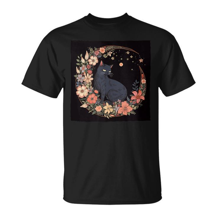 Cat Moon Floral Flowers Graphic T-Shirt