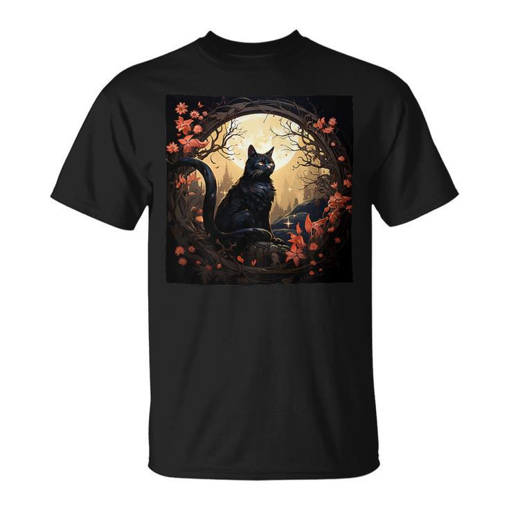 Cat Moon Flowers Graphic T-Shirt