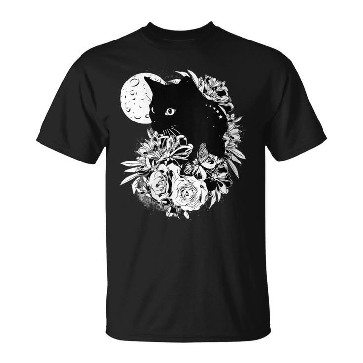 Cat Moon Night Flowers Black Cats Lovers T-Shirt