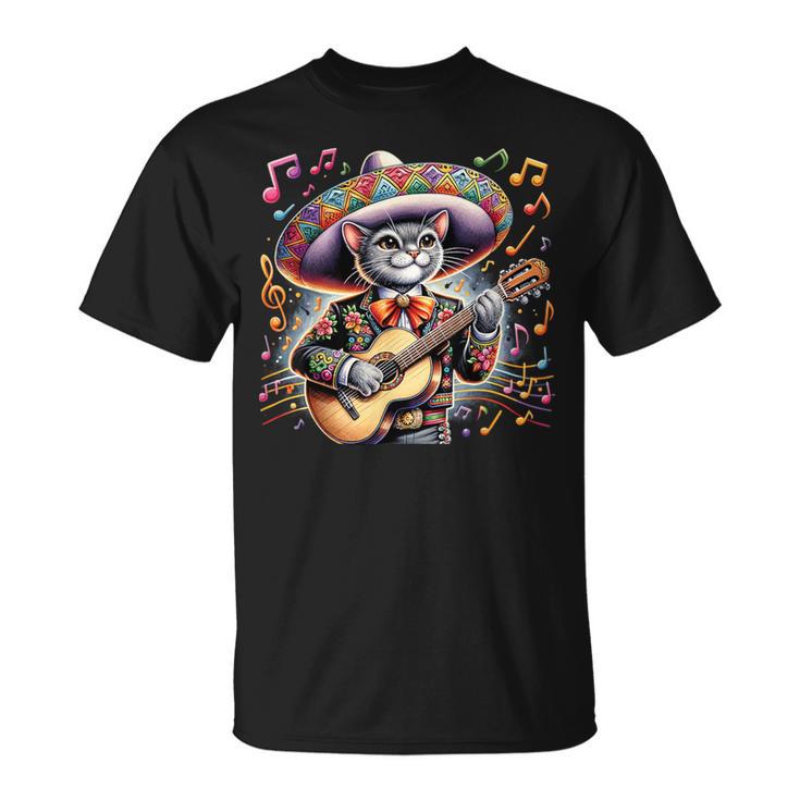 Cat Playing Guitar Mexican Hat Cinco De Mayo Music T-Shirt